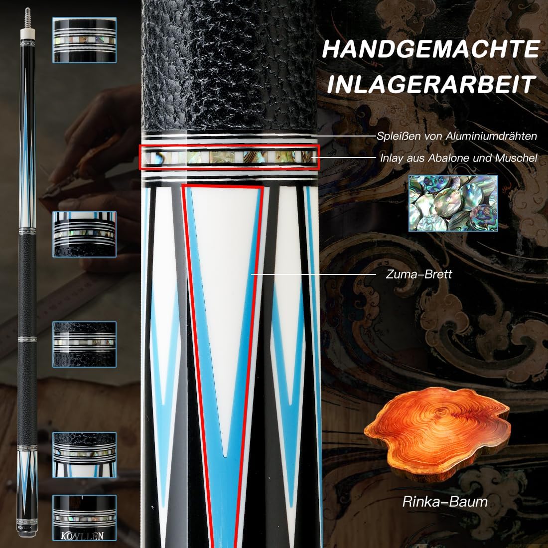 KONLLEN Carbon Fiber Pool Cue Stick Low Deflection Hand-Made Inlay Billiard Cue Ultra-Smooth Professional Feeling Billiard Pool Cue Sticks for Adults