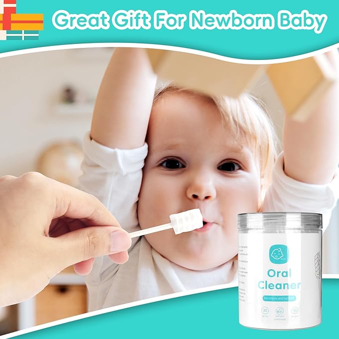 Baby Tongue Cleaner Toothbrush 30Pcs Disposable Infant Tooth Brush Clean Baby Mouth with 2Pcs Finger Toothbrush Oral Cleaning Stick Gauze Cleaner Stick Dental (Beige, 32 Piece Assortment)