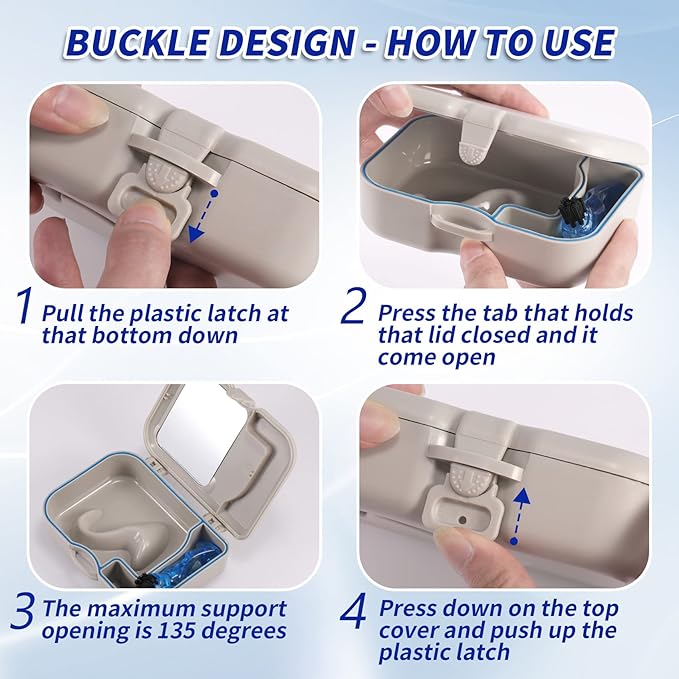 Annhua Denture Cup Bath Box Case with Mirror and Cleaning Brush, Denture Container with Brush Retainer Cleaning Case Mouth Guard Storage Soaking Cup Holder for Travel, Office, Household Use