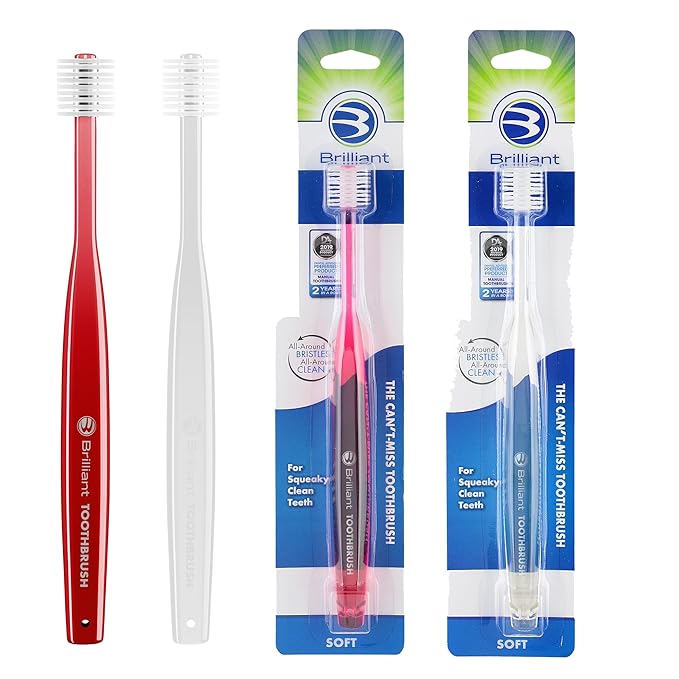 Brilliant Oral Care Adult Toothbrush with Soft Bristles, Round Head, and All-Around Clean for Teeth and Gums, Red + Clear, 2 Pack