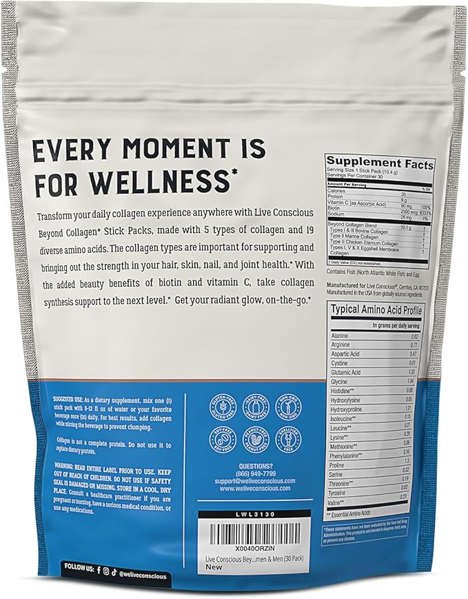 Live Conscious Beyond Collagen Peptides Powder Unflavored Packets - Hydrolyzed Collagen Powder - Hair Skin Nail & Joint Support - Multi Type Collagen Supplements for Women & Men