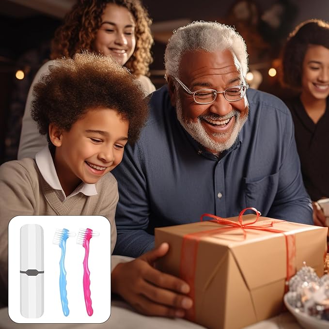 2-Piece Denture Cleaning Brush Set - Multi-Layered Bristles False Toothbrush with Ergonomic Handle and White Carrying Case for Fake Teeth Cleaning, Travel-Sized Oral Care Tool (Blue&Red, One Size)