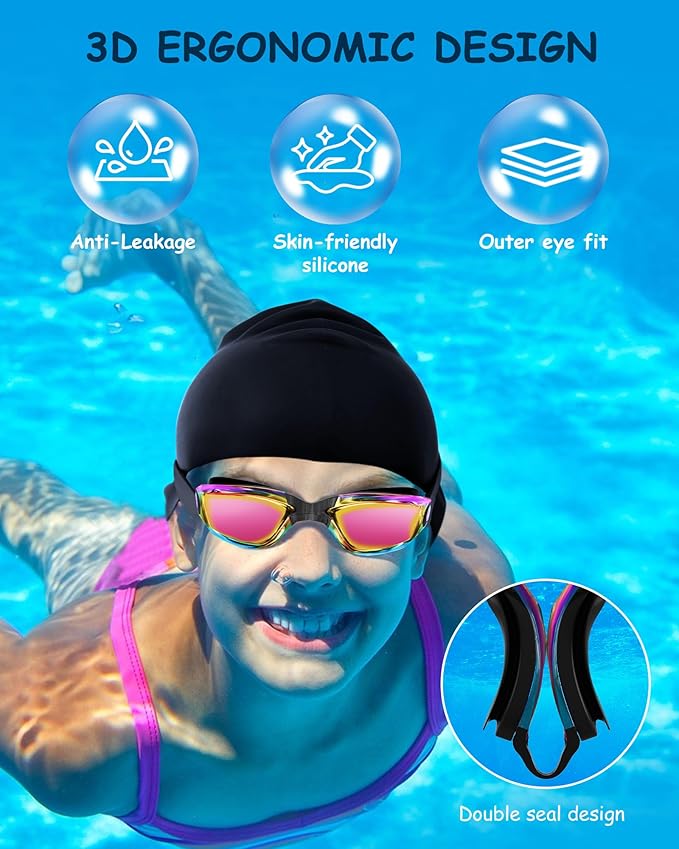 Kids Swim Goggles, Swimming Goggles for Kids Toddlers 3-14 with Swim Cap, Nose Clip, Nose Bridge, Ear Plugs