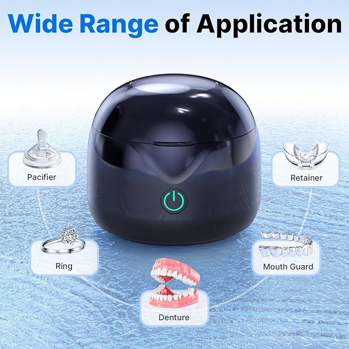 Ultrasonic Retainer Cleaner - UV Dental Cleaning Pod Night Guard Cleaner for Dentures, Aligner, Braces, Toothbrush Heads, Jewelry (Black)