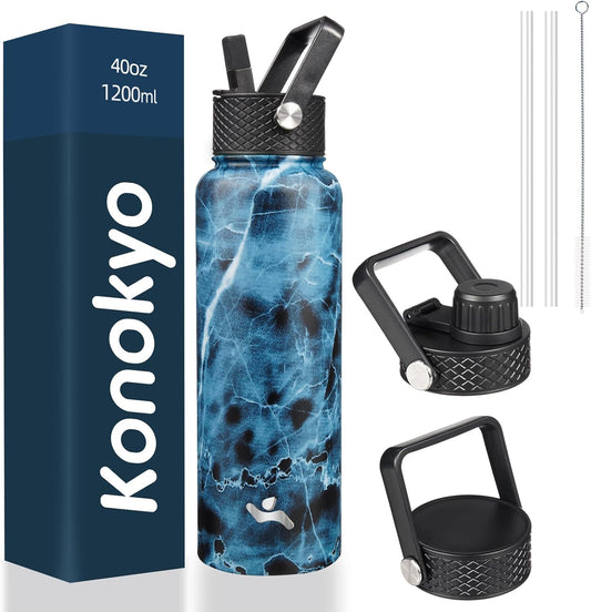 40oz Insulated Water Bottle Stainless Steel Sport Bottles with 3 Lids,Marble Ocean