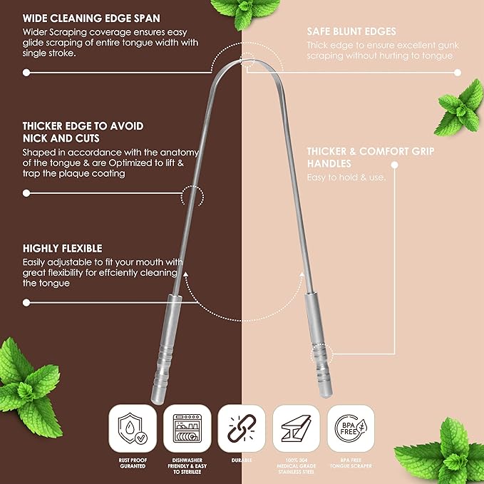 TruLife Tongue Scraper Tongue Cleaner Surgical Grade Stainless Steel (2 Pack), Reduce Bad Breath (Travel Cases Included), Metal Tongue Cleaner, Tongue Scraper for Fresher Breath & Easy to Use