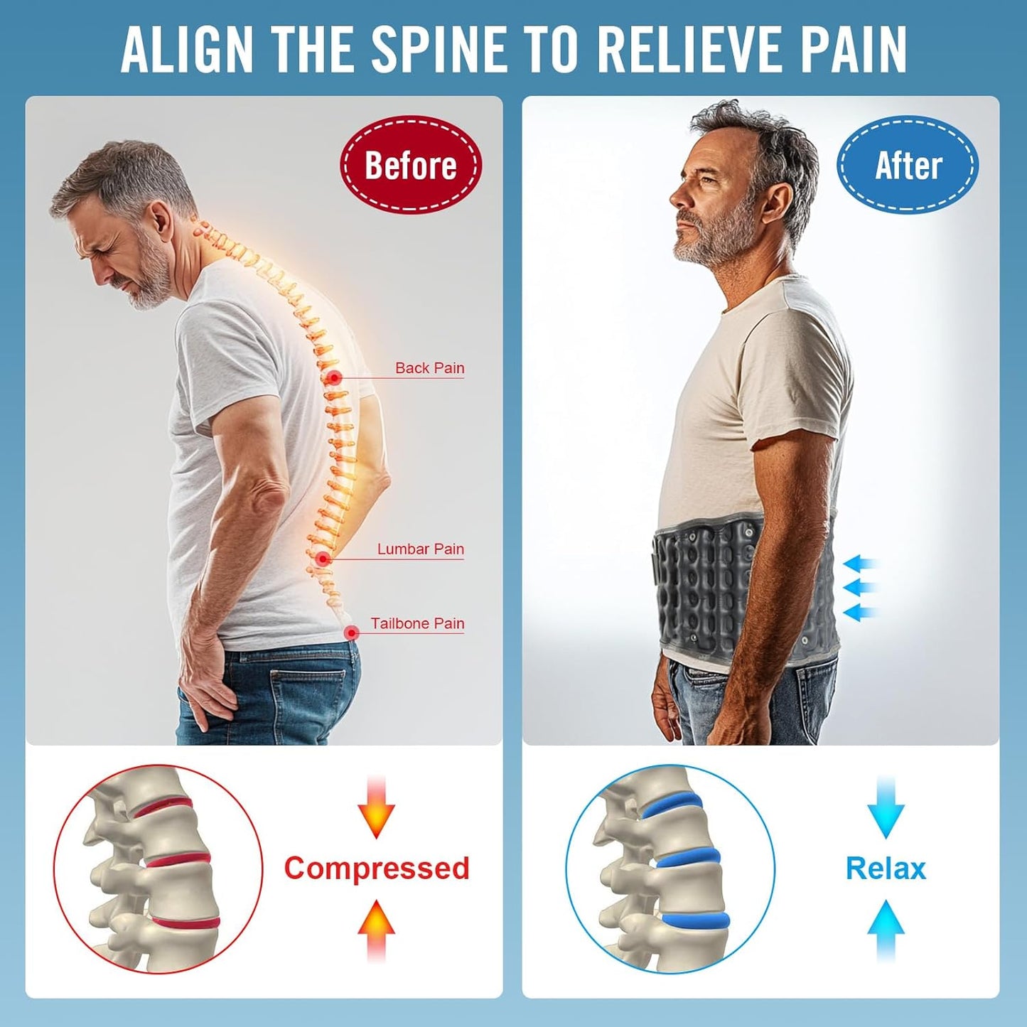 HONGJING Electric Pump Decompression Belt for Lower Back Pain Relief, Inflatable Back Reliever Lumbar Support Brace, One Size Fits 29-49 Waist