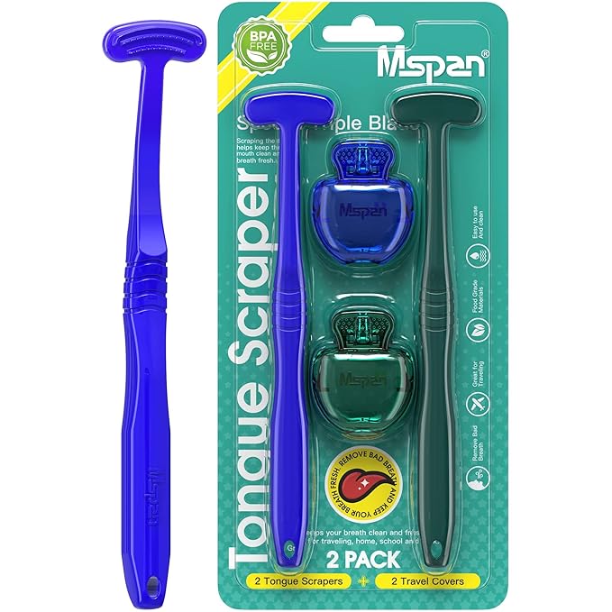 Mspan Tongue Scraper Cleaner Brush: Tongue Cleaning Scrubber with Plastic Travel Case Cover for Adults Kids - Dental Clean Bad Breath Kit 2 Pack