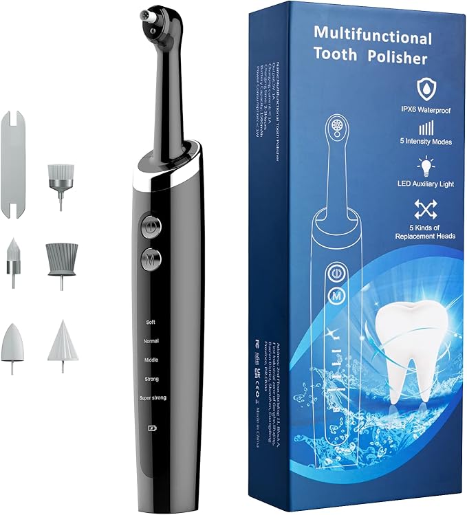 Tooth Polisher Rechargeable,Tooth Buffer Polisher with 5 Replacement Heads & Cleaning Modes, USB Rechargeable, Ipx6 Waterproof, Teeth Black Stain Remover for Adults & Kids Black