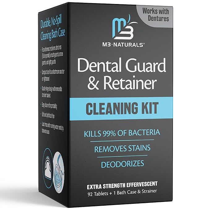 Retainer Cleaner and Soak Container, No-Mess Cleaning Tablets with Universal Denture Bath Case and Strainer, Multipurpose, for Mouth Guard Stains, Odor, and Plaque (92 Tablets + 1 Bath) by M3 Naturals