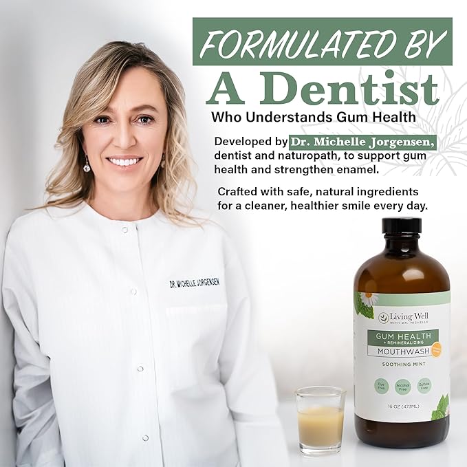Living Well with Dr. Michelle Remineralizing + Gum Health Mouthwash – Soothing Mint | Hydroxyapatite, Colloidal Silver | Alcohol-Free, Fluoride-Free, Fresh Breath Support