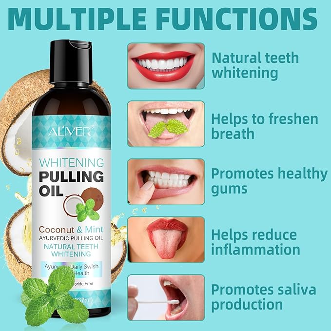Coconut Oil Pulling with Peppermint Oil-Mouthwash for Oral Care-Helps with Fresh Breath, Organic Essential Oils Mouthwash with Tongue Scraper,Treatment for Gums-237ML