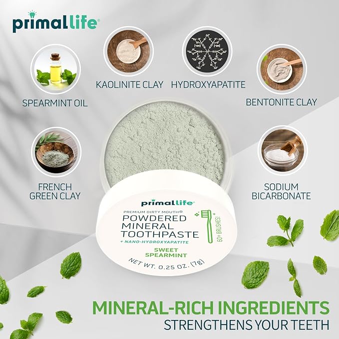 Primal Life Organics - Dirty Mouth Toothpowder, Tooth Cleaning Powder, Flavored Essential Oils with Natural Kaolin & Bentonite Clay, Good for 60+ Brushings, Organic, Vegan (Sweet Spearmint, 0.25 oz)
