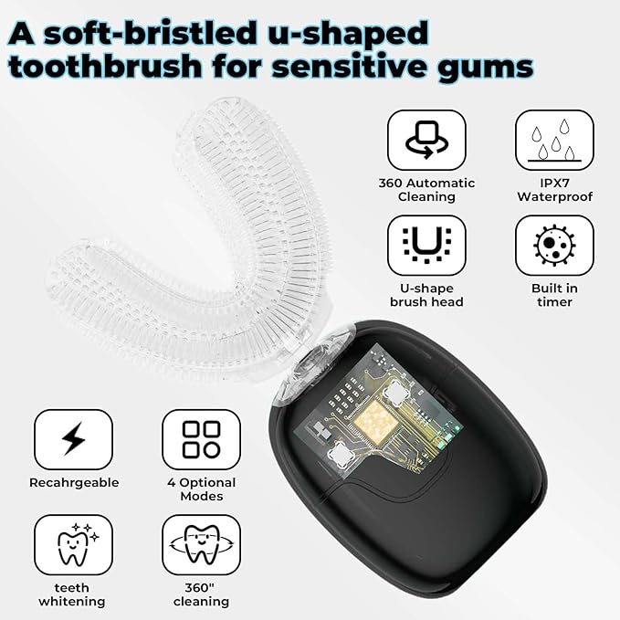U Shaped Electric Toothbrush for Adults - 360° U Brush Nylon Bristle,Rechargeable Electric Toothbrush,Teeth Whitening Brush for Home & Travel Use (Black)