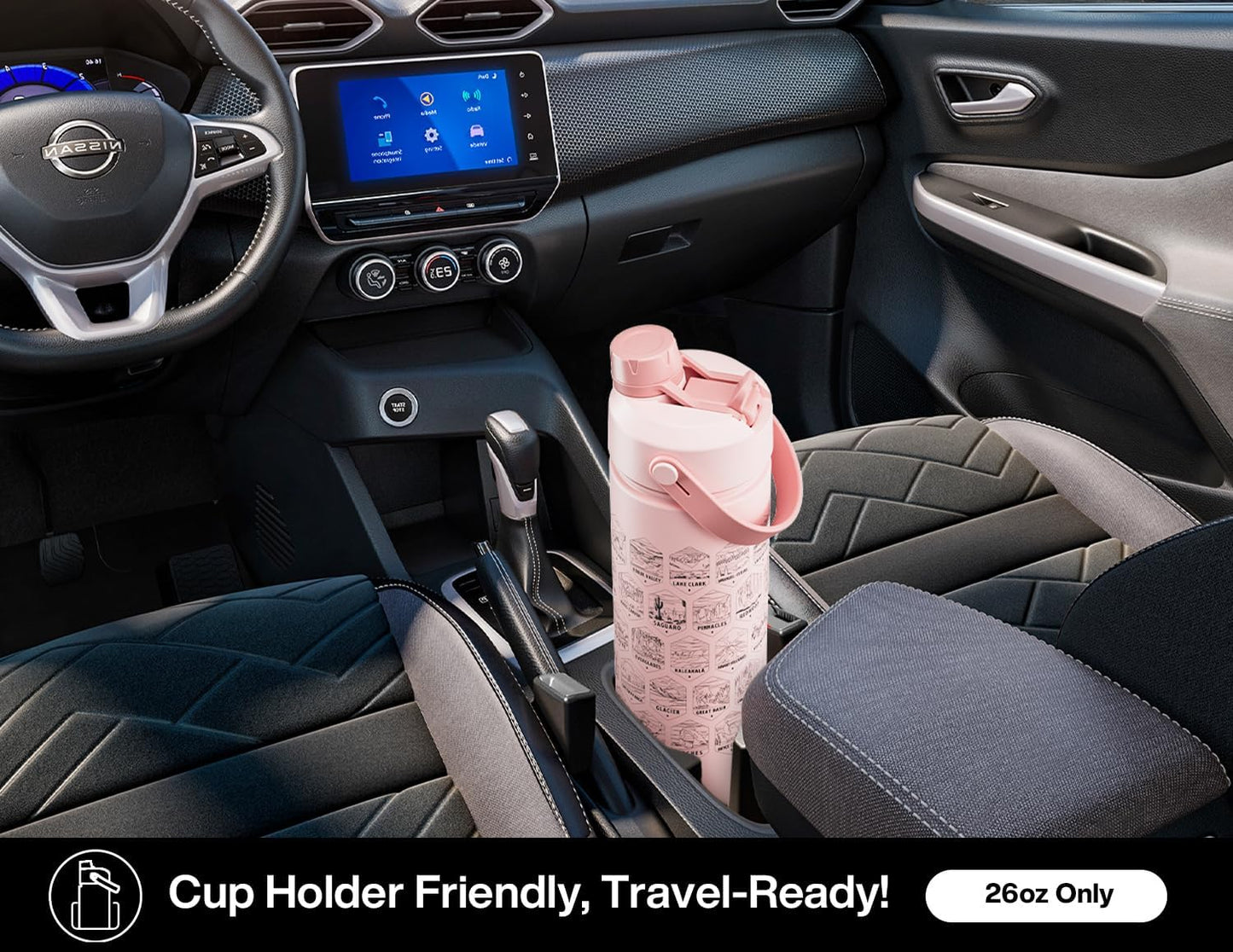 26 oz National Parks Water Bottle with Waterproof Stickers: 2-in-1 Straw Spout Lid, Keep Cold 24H, Leakproof, Car CupHolder Friendly, Insulated Stainless Steel Cup for Travel, Sports, School (Black)