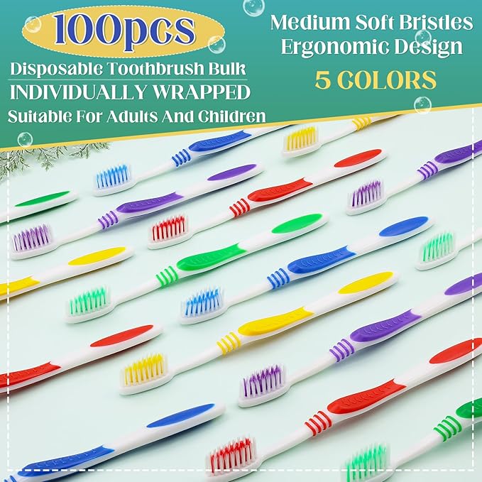 100 Pcs Toothbrush Bulk Disposable, Travel Toothbrushes Pack, Soft Bristle Individually Wrapped and Good Cleaning for Kids, Adult and The Elderly. Suitable for Hotel, Travel, Home, Donated