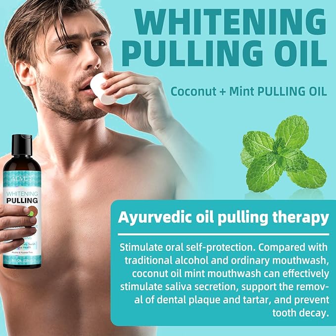 Coconut Oil Pulling with Peppermint Oil-Mouthwash for Oral Care-Helps with Fresh Breath, Organic Essential Oils Mouthwash with Tongue Scraper,Treatment for Gums-237ML