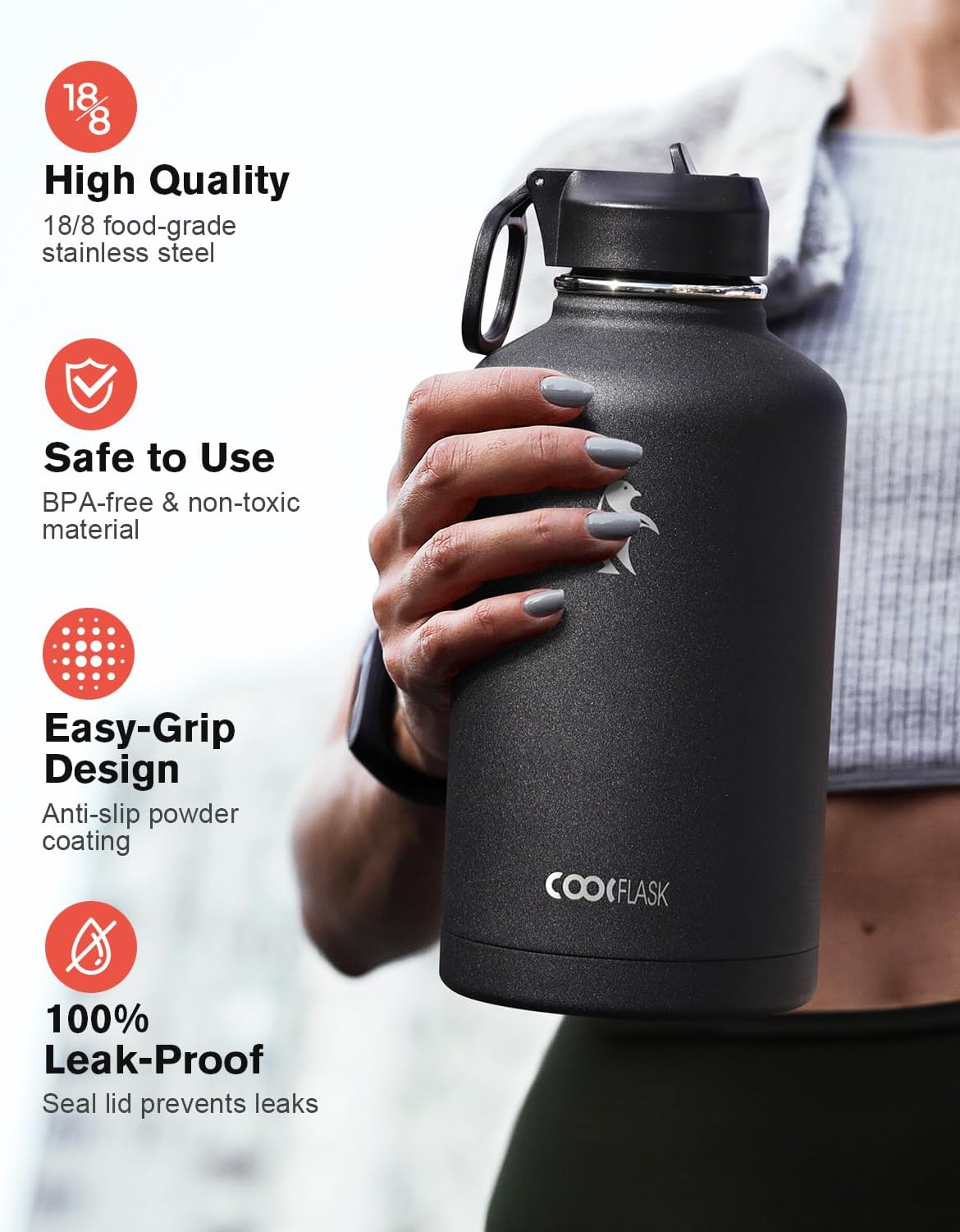 64 oz Water Bottle Insulated with Straw & 3 Lids, Coolflask Large Metal Stainless Steel Water Jug Big Half Gallon Wide Mouth for Sports, Gym or Office, Non-BPA Keep Cold 48H Hot 24H, Magic Black