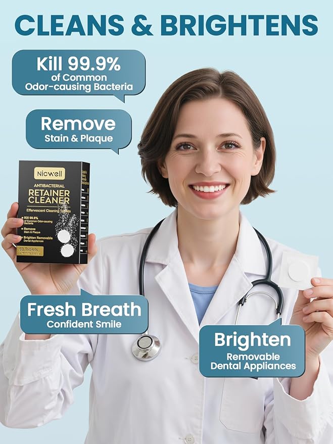 Nicwell Effervescent Retainer Cleaner Tablets: Kills 99.9% Odor-Causing Bacteria on Dentures & Orthodontic Appliances 60pcs Travel Friendly White