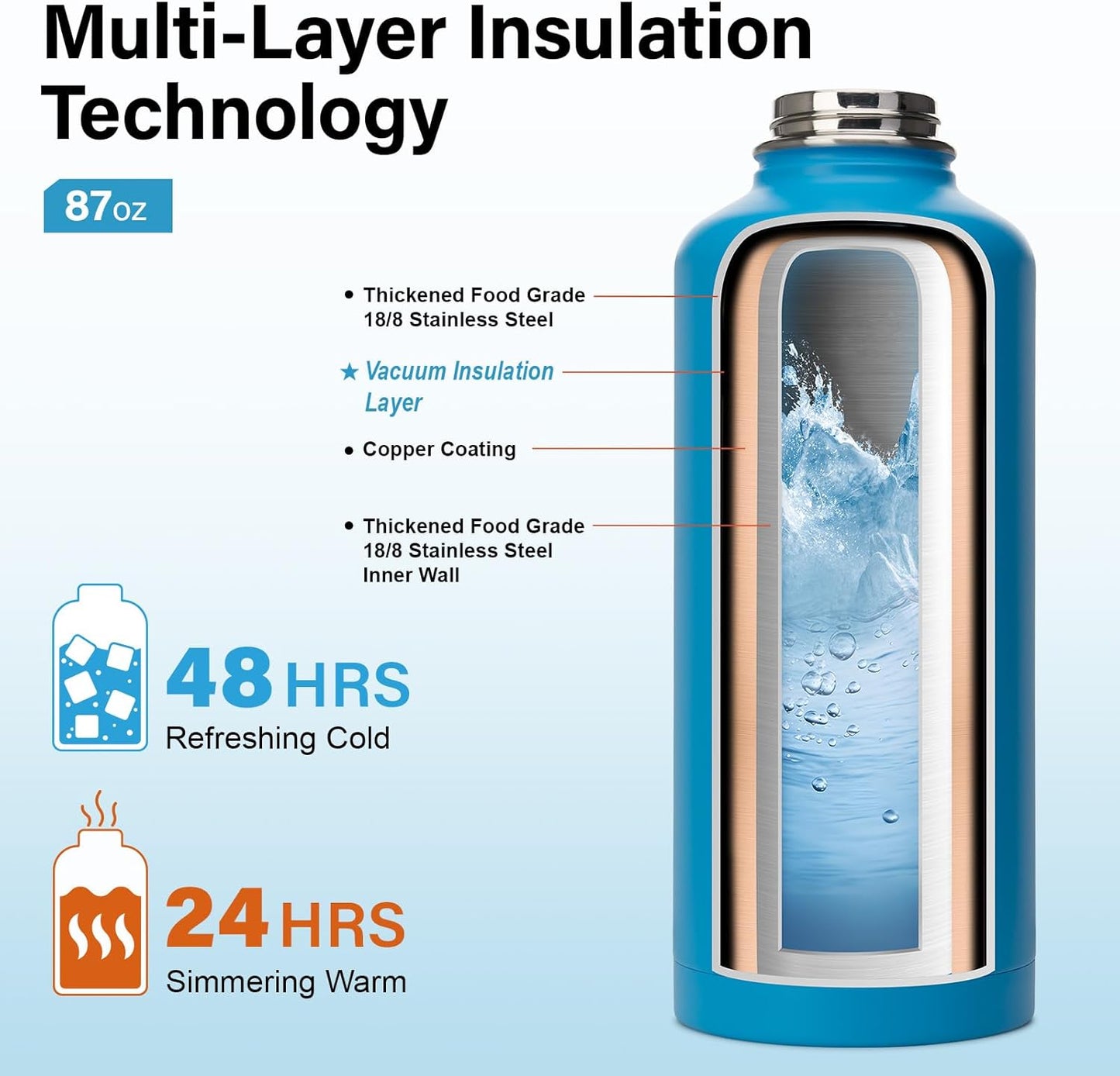 Insulated Water Bottle | Thickened Stainless Steel for Gym and Hiking with Straw, Carrier Bag, Handle Strap | BPA-Free 87 oz