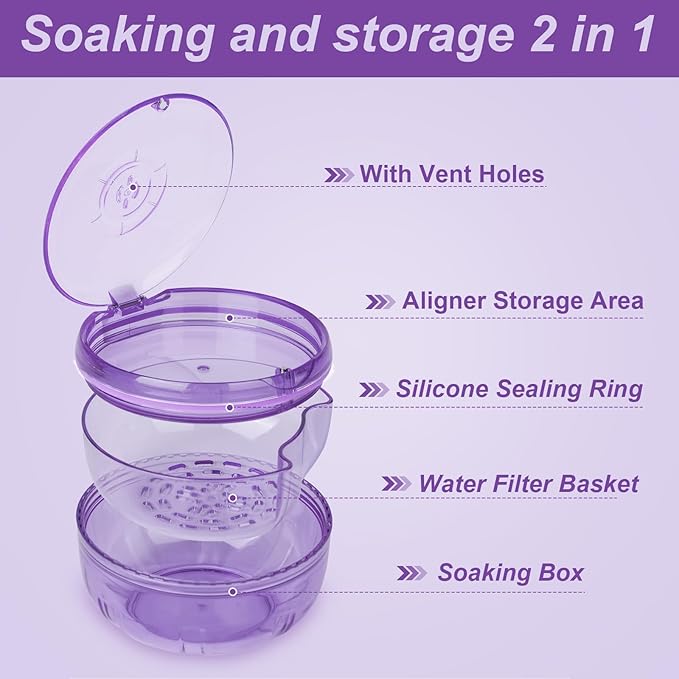 Retainer Cleaner Case,Double Layer No-Leak Denture Cup for Soaking Dentures, Denture Bath for Invisalign Aligner,Retainers,Mouth Guard,Night Guard (Purple)