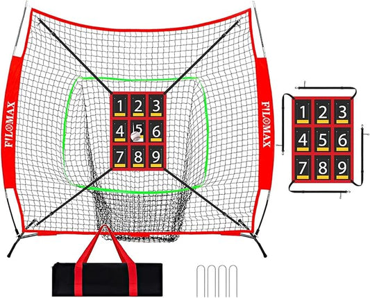 7x7 ft Baseball & Softball Practice Net with 9 Numbered Strike Zone | PRO Training Net for Hitting, Pitching & Batting | with Carry Bag, Bow Frame for All Ages & Skills