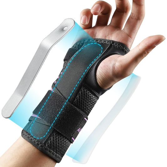 AGPTEK Carpal Tunnel Wrist Brace for Men Women, Night Sleeping Wrist Support with 2 Splints, Pain Relief Hand Brace for Arthritis Sprains Tendonitis, Adjustable Wrist Splint for Right Hand (S/M, Black & White )