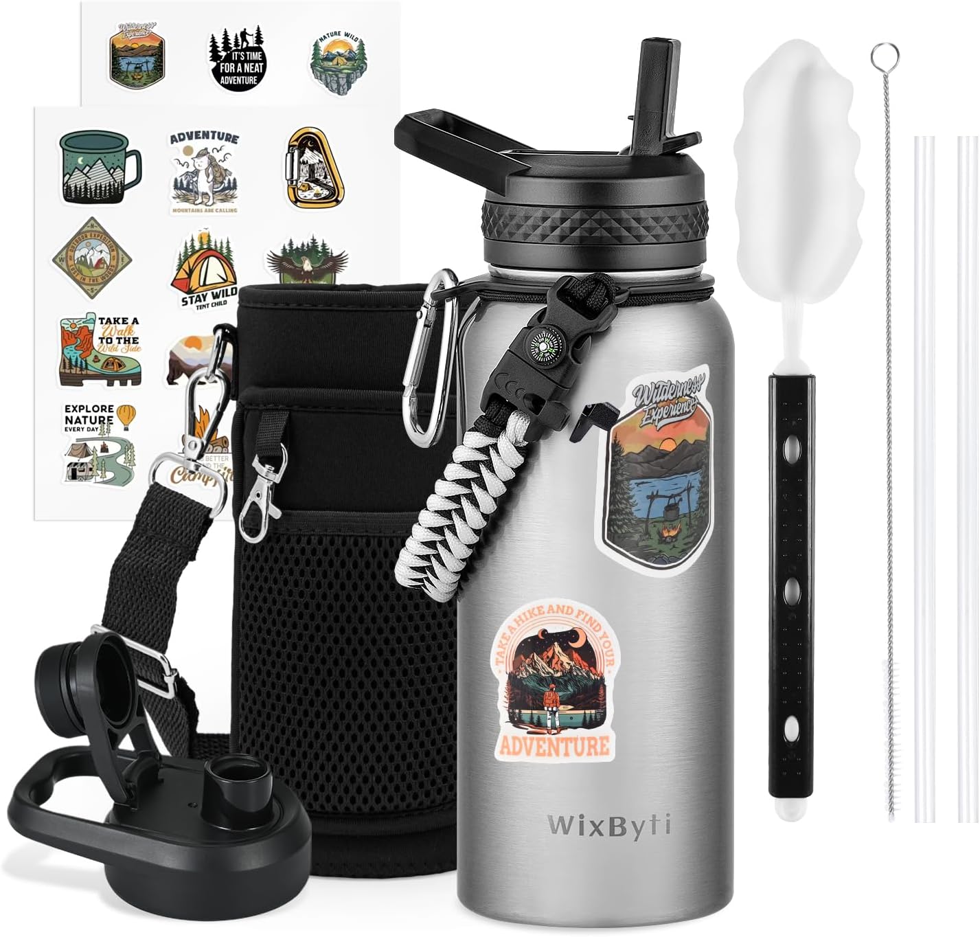 32 oz Insulated Water Bottle with Straw (Cold for 48 Hrs), Stainless Steel Triple Wall Vacuum Sports Water Jug, Leakproof Hydro Cup Flask with Paracord Handle & Straw Spout Lids & DIY Stickers