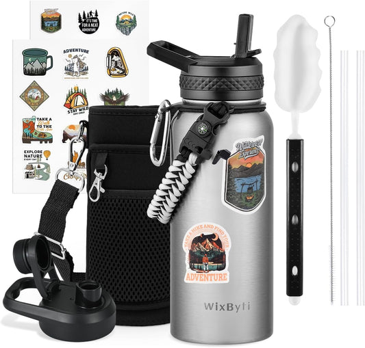 32 oz Insulated Water Bottle with Straw (Cold for 48 Hrs), Stainless Steel Triple Wall Vacuum Sports Water Jug, Leakproof Hydro Cup Flask with Paracord Handle & Straw Spout Lids & DIY Stickers