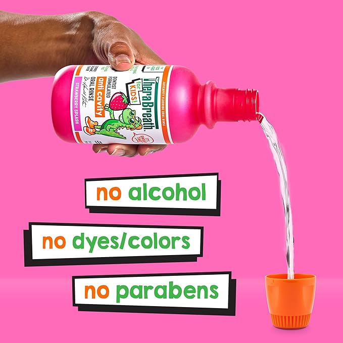 TheraBreath Kids Mouthwash with Fluoride, Organic Strawberry Splash, Anticavity, Dentist Formulated, 16 Fl Oz