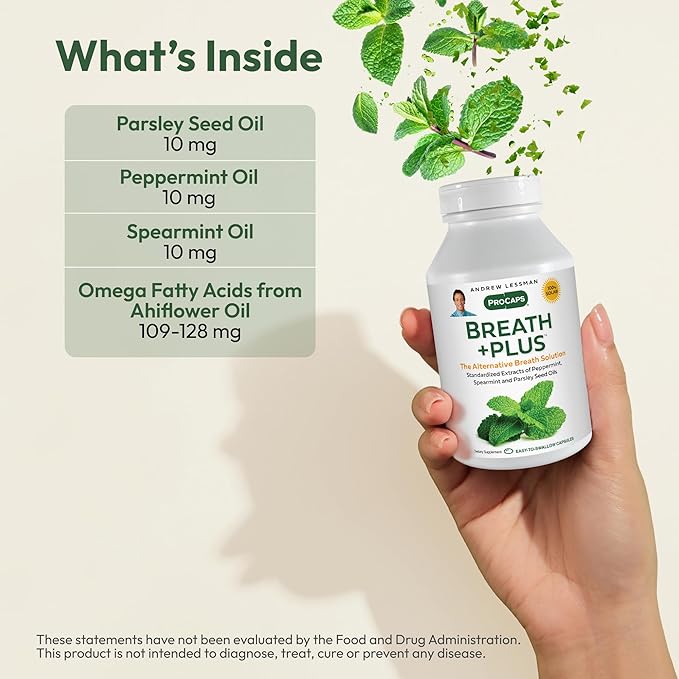 ANDREW LESSMAN Breath Plus 360 Softgels - Natural Breath Freshener, Helps Eliminate Odors from Food, Smoking, Morning Breath from The Inside Out. Peppermint, Spearmint. Easy to Swallow Softgels