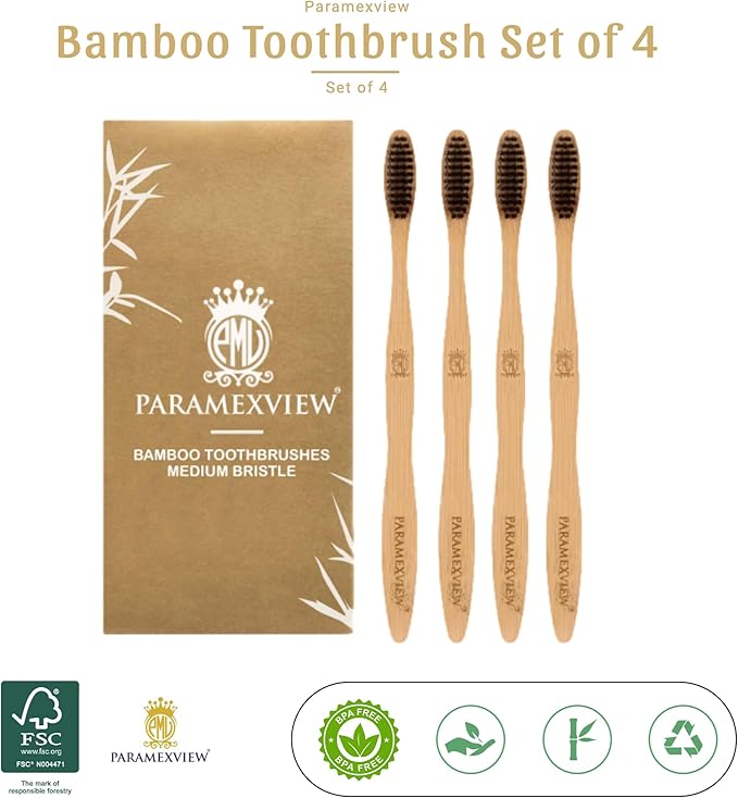 Paramexview® Natural Bamboo Toothbrushes Set of 4 | BPA-Free Medium Bristles, Eco-Friendly | Biodegradable Handle, Charcoal Infused and Organic Base