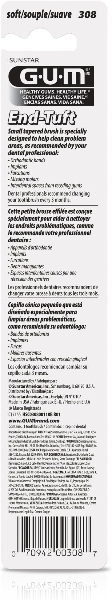 GUM End Tuft Toothbrush - Extra Small Head for Hard-to-Reach Areas - Implants, Back Teeth, and Wisdom Teeth - Soft Dental Brush for Adults, 1 Count