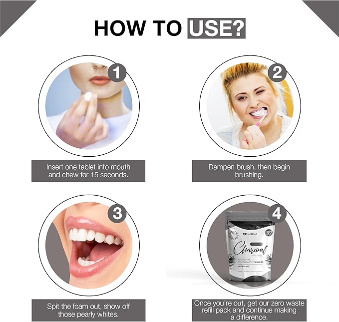 GloBoid Charcoal Toothpaste Tablets with Fluoride Three Month Refill, Zero Waste, Eco Friendly & Plastic Free Toothpaste Tabs, Toothpaste Bites for Travel