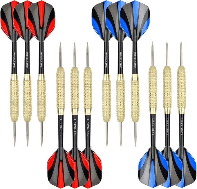 LinkVisions Dartboard with Staple-Free Bullseye, 18g Steel Tip Darts Set,12 Steel Tip Darts 18g, Dartboard Mounting Kits Included
