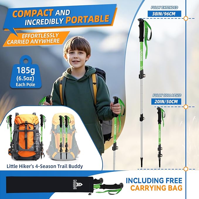 Lightweight Collapsible Kids Hiking Poles - Retractable Kids Hiking Stick, Telescoping Aluminum Trekking Poles 2 Pack, Adjustable Kids Ski Poles by Croosse