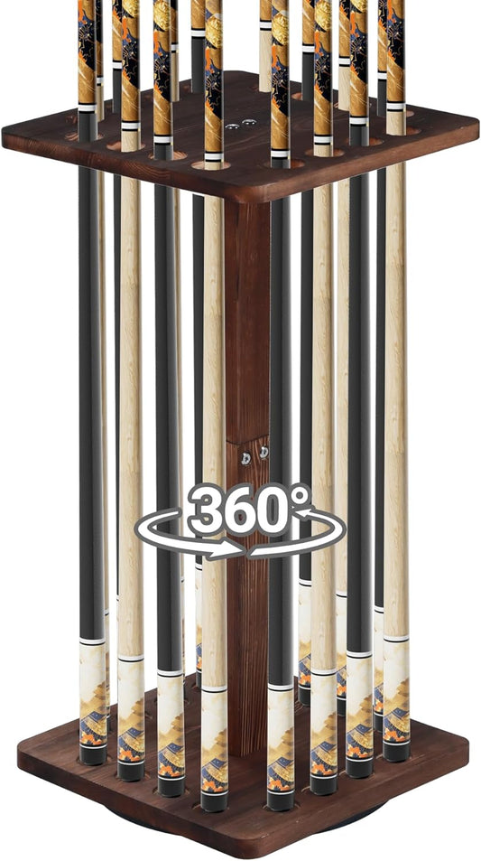 360 Degree Rotating Pool Stick Holder, Pool Cue Holders for Billiard Room, Floor Stand Billiard Cue Rack up to 16 Sticks, Natural Wood Pool Cue Equipment Storage Organizer, Billiard Gifts for Men