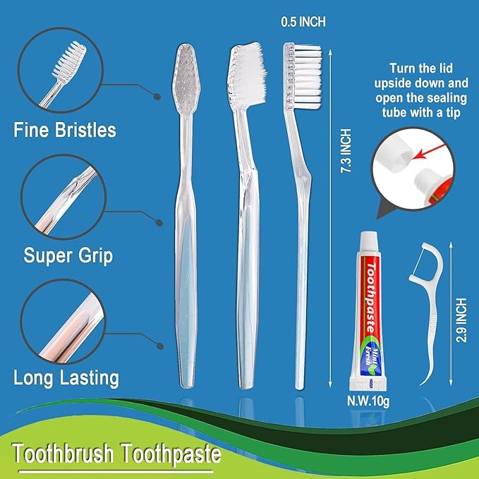 100pcs Disposable Toothbrushes with Toothpaste Floss Individually Wrapped, 2 Color Disposable Toothbrush, 10g Toothpaste, Floss Pick, Bulk Toothbrush Kit for Homeless,Airbnb,Hotel