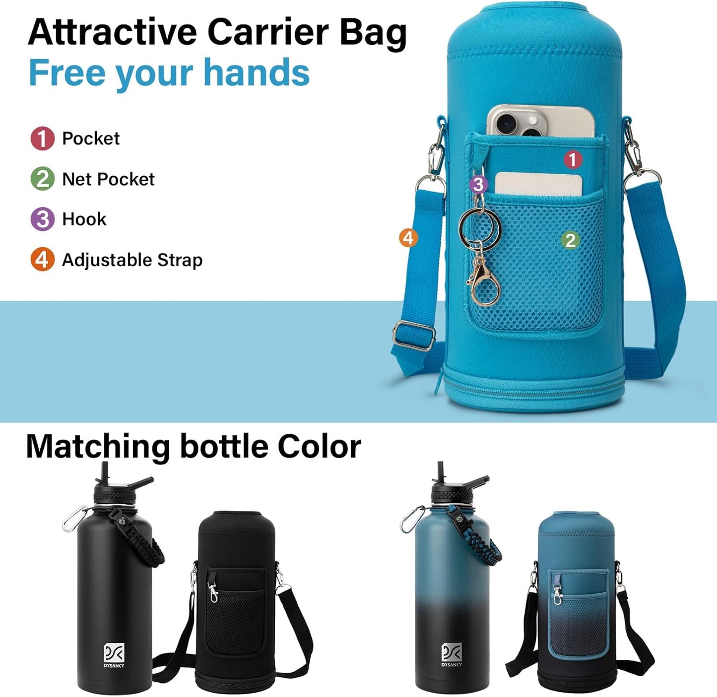 Insulated Water Bottle | Thickened Stainless Steel for Gym and Hiking with Straw, Carrier Bag, Handle Strap | BPA-Free 87 oz