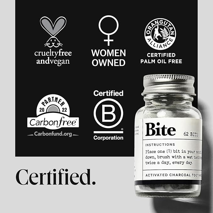 Bite Whitening Toothpaste Tablets – Nano Hydroxyapatite & Xylitol (Mint Charcoal) | Sensitive Teeth Friendly | No Fluoride, Vegan, Cruelty-Free | Travel-Size | 2 Bottles (124 Bits) | Made in USA