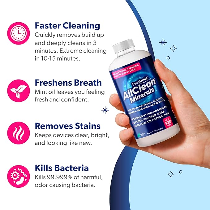 EverSmile AllClean Minerals – Deep Cleaner for Retainers, Clear Aligners, Invisalign, Dentures, Night & Mouth Guards – Removes Stains, Odors & Plaque in 3-Minutes – Up to 120 Uses (300g), 2 Pack