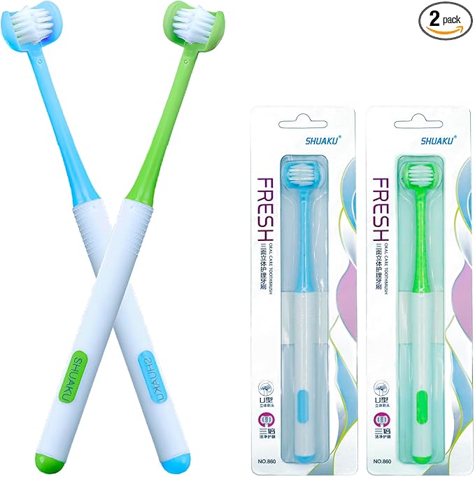 3 Sided Autism Toothbrush 360° Oral Teeth Cleaning Design U-Shaped Toothbrush 2 PCS Adult Soft Bristles Soft and Gentle for Complete Tooth and Gum Care (Blue + Green)