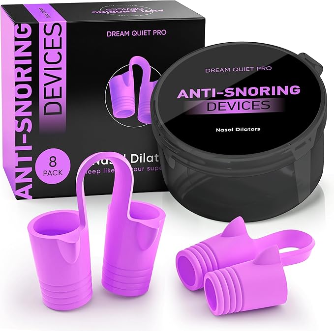 Anti Snoring Devices – Nasal Dilators - Nose Clips for Snore Relief & Better Sleep – Comfortable Silicone Snore Stopper – Anti Snoring Nose Vents – 8 Pack + Travel Case (Purple)