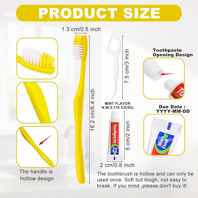 100pcs Disposable Toothbrushes with Toothpaste and Floss,Yellow Bulk Single Use Toothbrush Floss Pick Individually Wrapped Disposable Travel Toothbrushes Kit for Homeless,Airbnb,Hotel,Guest