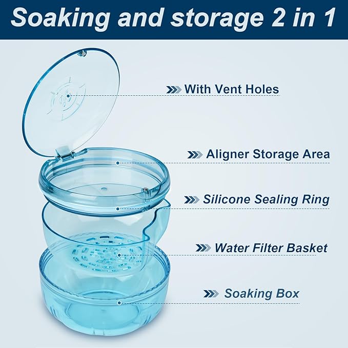 Retainer Cleaner Case,Double Layer No-Leak Denture Cup for Soaking Dentures, Denture Bath for Invisalign Aligner,Retainers,Mouth Guard,Night Guard (Blue)
