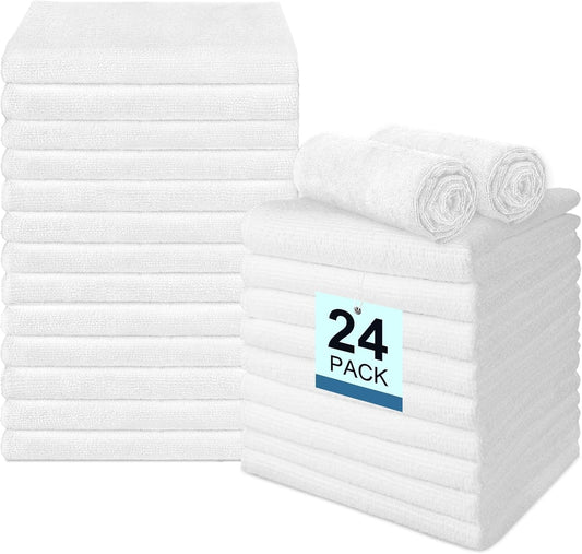 24 Pack Hand Towels Set - Highly Absorbent and Quick Drying Microfiber Gym Towels, Premium Wash Cloths for Bathroom, Salon, Gym, Shower, Hotel, and Spa - 16x27 inch (White)