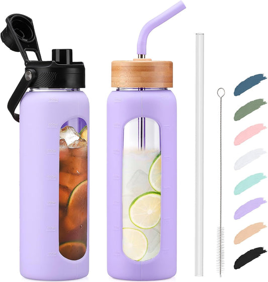 Kodrine Water Bottle with Straw, 24 oz Glass water Bottle with 2 Lids Bamboo Straw Lid and Spout Lid with Handle, 32 oz Clear Water Bottle Glass for Sports Travel, Waterbottle with Time Marker