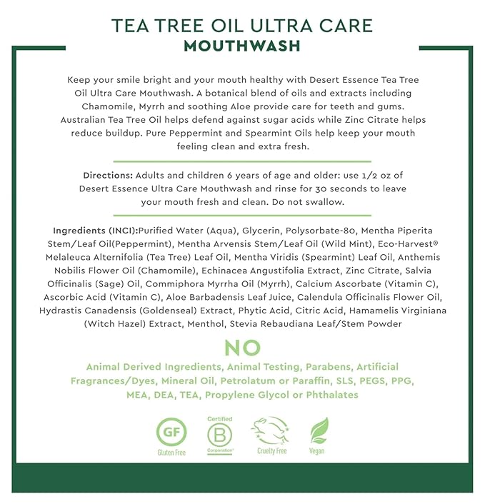 Desert Essence Natural Tea Tree Oil Ultra Care Mouthwash - Mega Mint - 16 Fl Oz - Freshens Breath - Defends Against Sugar Acids - Vitamin C - Soothes Gums - Whitening Floss - Removes Food Debris