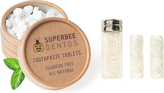 SuperBee Dentos Toothpaste Tablets & Dentos Floss, 150 Tabs, Fluoride Free & Eco Friendly, Travel Mouthwash Tablets, Sensitive Bites Kids Adults, Chewable Tablet, Spearmint