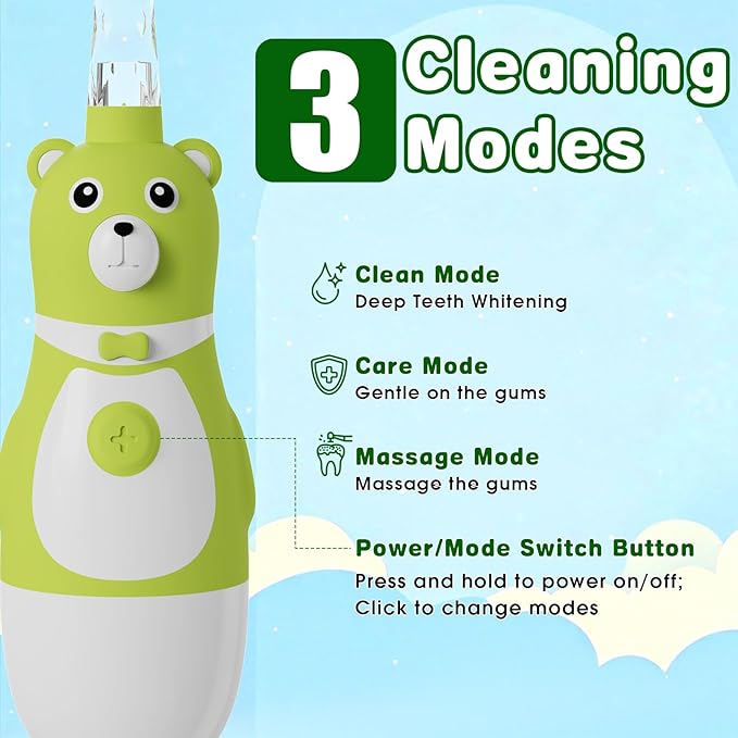 Kids Electric Toothbrush Sonic Battery-Powered for Toddler Ages 2-10, 2-Min Smart Timer LED Light with 3 Color Cleaning Modes, Green FunBear Boys Girls 2 Replacement Heads